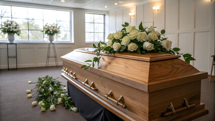 Wooden coffin adorned with white roses, mourning setting, respectful atmosphere, copy space