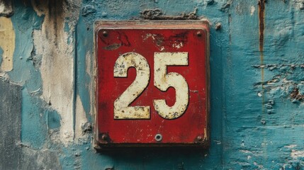 Rustic metal plaque with the number 25 prominently displayed, set against a weathered blue wall with peeling paint and a vintage aesthetic.