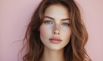 Naklejka premium Portrait of young woman with blue eyes and freckles, soft pink background, natural beauty, wavy hair