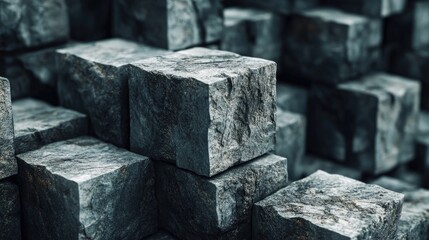 Stack of uneven gray cubic stone blocks with textured surfaces organized in a chaotic yet visually intriguing manner, creating depth and contrast.