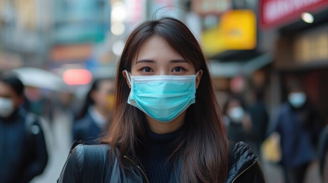 Individual wearing a protective mask standing in a bustling street with blurred figures in the background, emphasizing health safety measures.