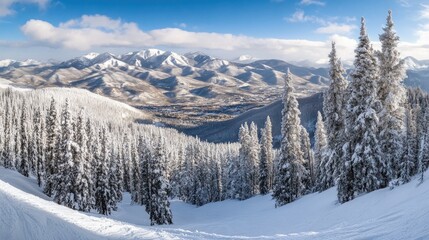 Fototapeta premium Majestic winter mountain landscape featuring snow-covered peaks, evergreen trees, and a serene blue sky creating a tranquil outdoor scene.