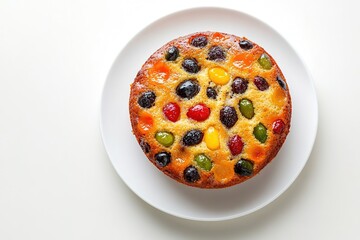 Colorful fruit cake on white plate and background