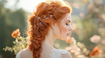 Naklejka premium Braided red hairstyle with delicate flowers styled for a bohemian bridal look, set against a serene natural backdrop and soft golden light.