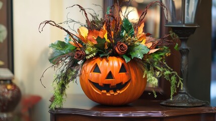 Obraz premium Halloween-themed floral arrangement with a carved jack-o'-lantern showcasing vibrant autumn leaves and decorative elements on a wooden surface.