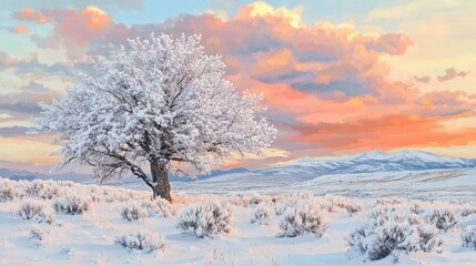 Snow-covered solitary tree in serene winter landscape at sunset, showcasing vibrant skies and distant mountain silhouettes.