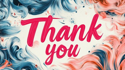 Thank you hand lettering on splash bright watercolor background with color waves. Pink art Thank you card by hand, splash and waves background. Card for print, web post card