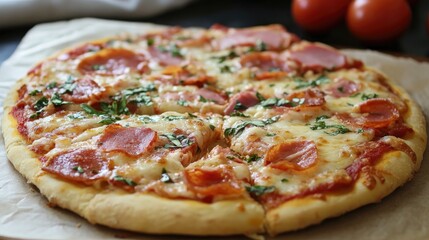 Deliciously crafted pizza topped with bacon, ham, mozzarella cheese, and rich tomato sauce, beautifully sliced and garnished with fresh herbs.