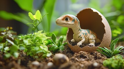 Obraz premium Dinosaur hatchling emerging from egg lush garden miniature scene natural environment close-up playful concept