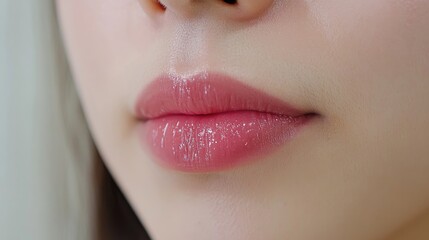 Fototapeta premium Close-up of beautifully enhanced lips after a cosmetic injectable treatment, showcasing a smooth, glossy finish with natural volume.