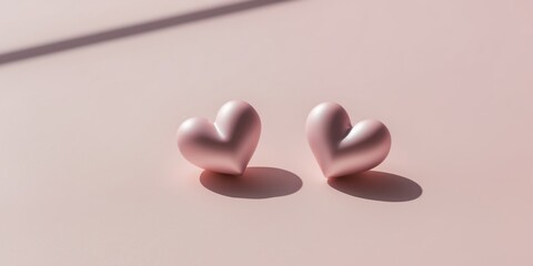 Fototapeta premium Two hearts lying down on a pink background with shadows.
