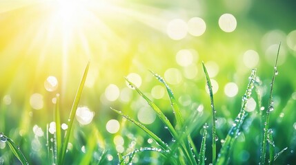 Obraz premium Morning dew glistens on fresh spring grass in a macro shot, featuring a soft focus background with beautiful round bokeh and sparkling sunlight.