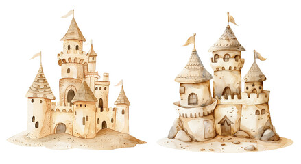 Fototapeta premium Watercolor sand castles isolated on white background.