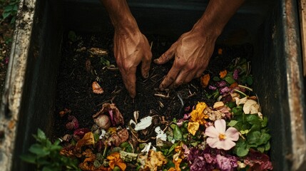 Fototapeta premium Hands mixing colorful organic waste in a compost bin, promoting sustainable gardening practices and reducing food waste for a healthier planet.