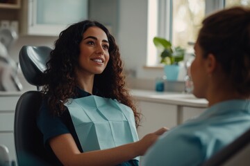Fototapeta premium A smiling woman at the dentist office shows comfort and care. The scene captures a friendly atmosphere and professional dental assistance. Generative AI