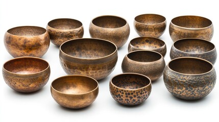 Collection of Tibetan and Himalayan singing bowls showcasing unique designs perfect for yoga, massage, meditation, and relaxation practices.