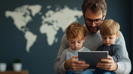 father and two children using tablet to plan trip together