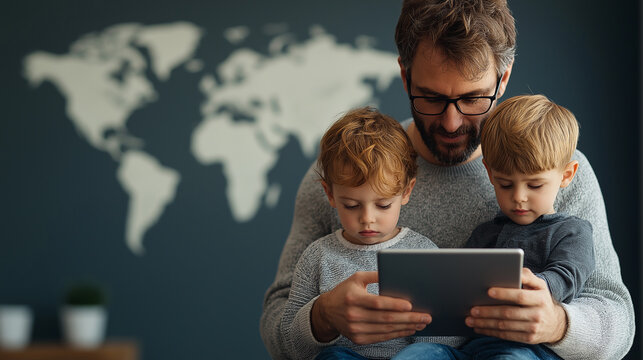 father and two children using tablet to plan trip together