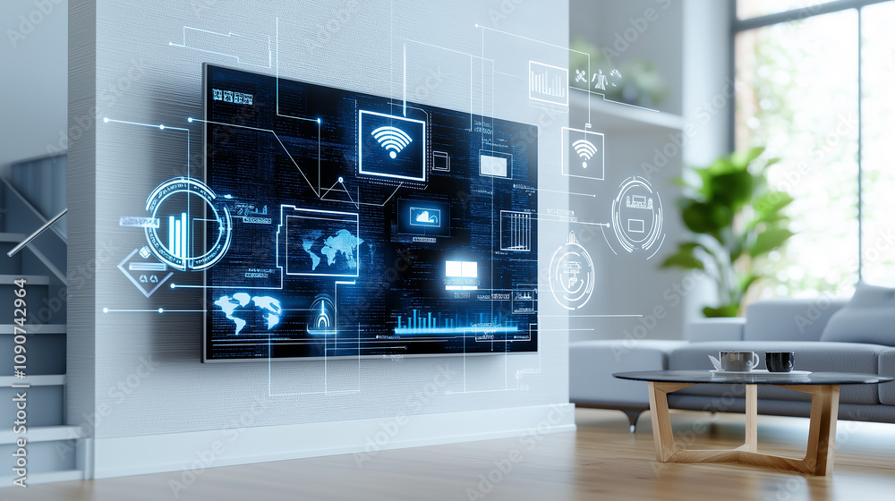 Aufkleber modern living room with high tech tv displaying data visuals