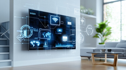 modern living room with high tech TV displaying data visuals