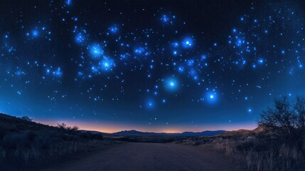 Vibrant night sky adorned with countless stars, deep blue tones, and a serene landscape at dusk, creating a breathtaking celestial scene.