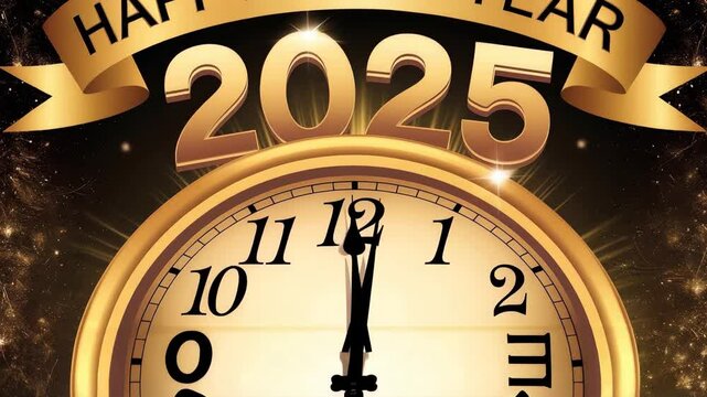 golden New Year celebration showcasing "2025" with sparkling details, a countdown clock, and festive text, symbolizing hope, joy, and new beginnings.