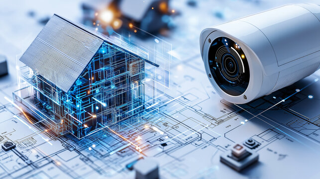 High tech home security system with surveillance camera and house model