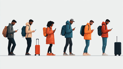 Fototapeta premium Travelers in colorful jackets using smartphones while waiting in line