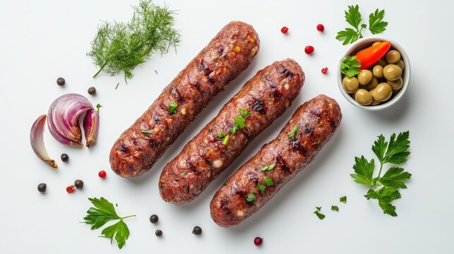Grilled cevapcici sausages made from ground meat and spices with a vegan soy protein alternative, garnished with herbs on a white background