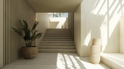 Fototapeta premium Modern minimalist entrance hall showcasing a spacious staircase bathed in natural light with stylish plants and textured vases enhancing the serene atmosphere.