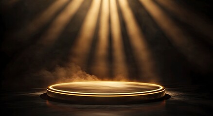 Abstract background with a golden podium, dark tones and light rays. The scene is set against the backdrop of an empty stage or presentation platform, generative ai