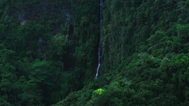 Faarumai Waterfall Falls Valley Tahiti French Polynesia aerial drone Vaimahuta Fall Tiarei Hitiaa O Te Ra watershed picturesque river cascades trees forest jungle daytime shade parallax left motion