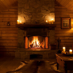 interior of a modern cottage living room with a fireplace decorated for christmas vast space room inside of a wooden cabin in winter