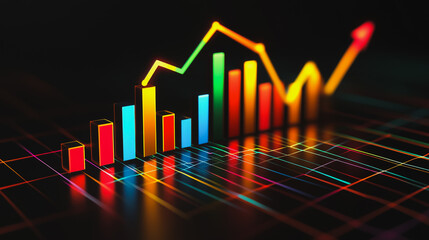 Fototapeta premium Abstract black background with 3D Colorful charts and graphs with statistics to innovative analyze business potential and forecast future development of companies growth.