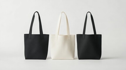 White, Cream, and Black Reusable Tote Bag Mockup – Eco-Friendly Canvas Bag Isolated on White Background