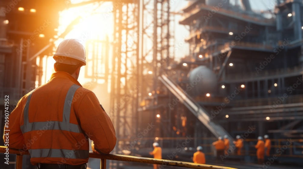 Poster a man in a hard hat stands on a railing overlooking a construction site