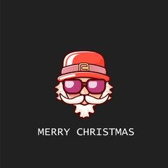 Santa Claus head with Santa red hat and hipster sunglasses isolated on grey Christmas background. Santa Claus label or sticker design. Merry Christmas greeting card template