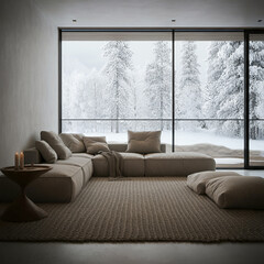 Fototapeta premium interior of a modern living room with puffs and floour cushions big wide windows with winter forest scene snow covered trees