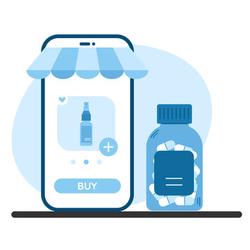 Online pharmacy concept. Pharmacy store and online medicine concept. Buying medicaments online in drugstore on phone app. Bottle with medicine pills standing nea