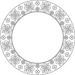 Round floral embroidery pattern framework. Decorative round border. Black outline vector