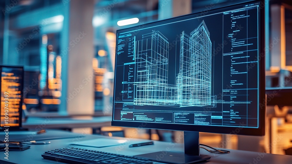 Poster detailed perspective of architectural cad software interface displaying complex building designs in 