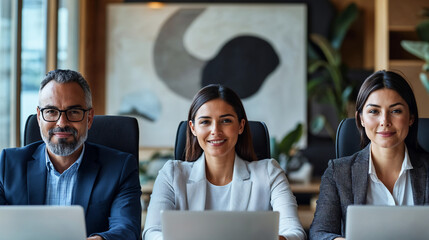 Friendly business team: Diverse and Inclusive professionals using technology in a modern office