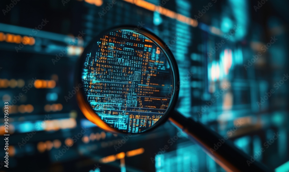 Poster magnifying glass focusing on digital data visualization, intricate patterns of binary code and graph