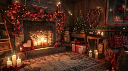 Naklejka premium Cozy Fireplace with Heart-Shaped Garlands