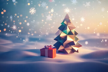 Obraz premium Geometric Christmas Tree with Gift and Snowflakes in a Snowy Landscape