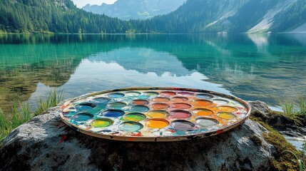 Fototapeta premium A vibrant artist's palette rests by a serene mountain lake.