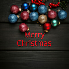 merry christmas balls on a wooden flat background merry christmas calligraphy greeting text xmas decorations holliy mistletoe berries