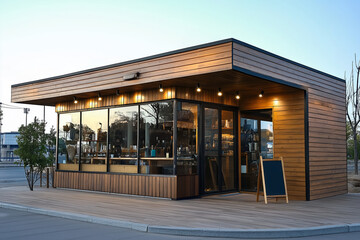 Modern cafe or coffee shop with large glass windows, wooden exterior, and a blank chalkboard stander, showcasing a minimalist and inviting bakery design