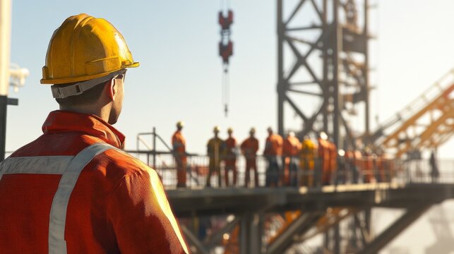 A man in a yellow hard hat stands on a bridge with a group of workers