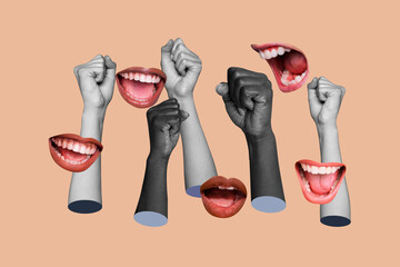 Creative poster collage hands body fragments protest activists mouth face scream shout community...